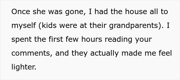 Text from a personal confession about feeling lighter after reading comments while alone at home, woman goes to gala with client as date.