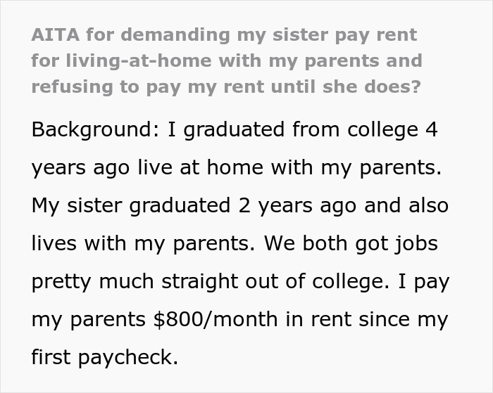Text discussing a sibling refusing to keep paying rent after discovering sister lives rent free with parents.