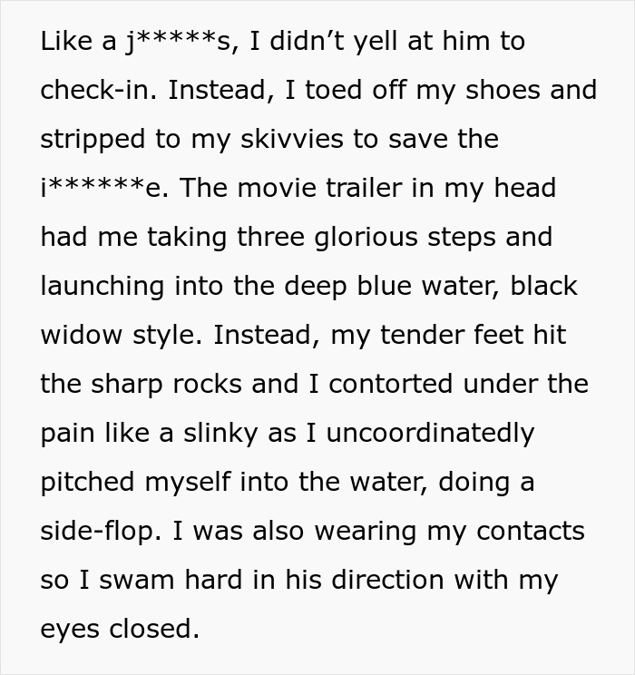 Woman embarrassingly tries to save elite military diver by jumping into water, struggling but determined to help him.