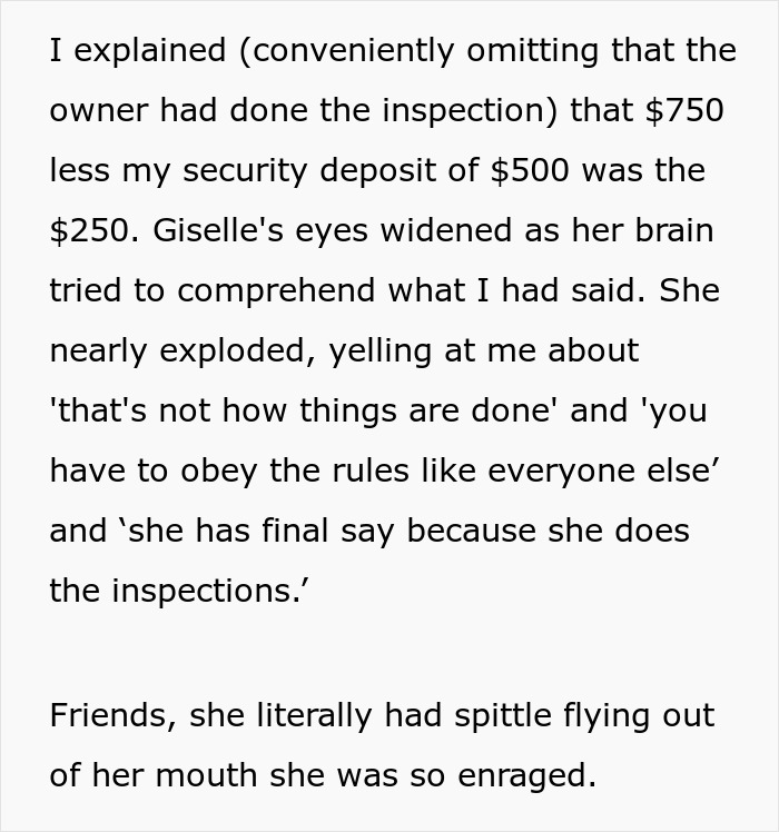 Text describing an on-site landlord acting awful and arguing while doubling rent and enforcing strict inspection rules.