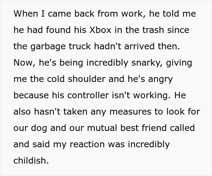 Alt text: Manchild plays games ignoring crying son over lost dog, while furious wife declares console trash day in frustration.