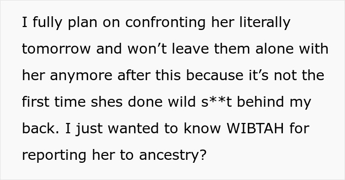 Text message expressing plans to confront nosy mother who terrorizes family with ancestry tests and crosses privacy boundaries. Text message expressing plans to confront nosy mother who terrorizes family with ancestry tests and crosses privacy boundaries.
