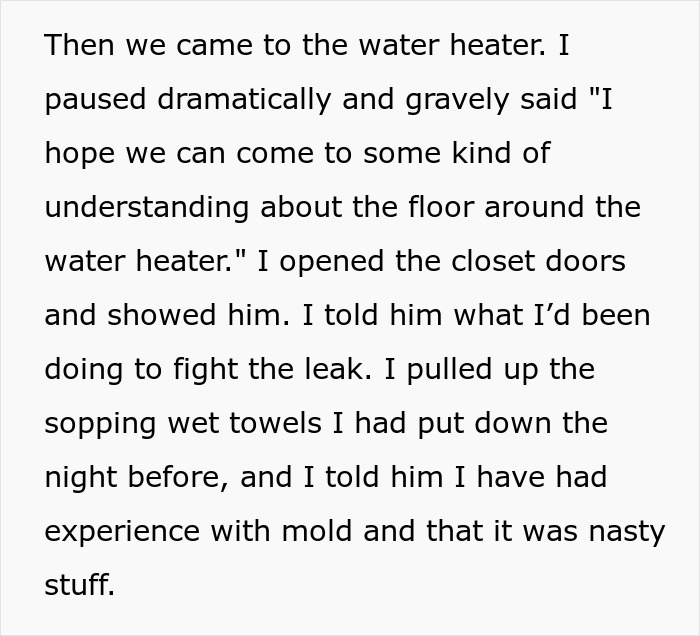 Text excerpt showing a tenant explaining water heater leak issues to an on-site landlord acting awful before rent was doubled.