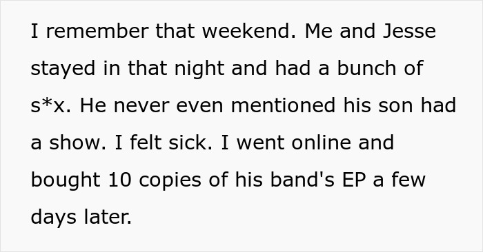 Text excerpt showing a woman&rsquo;s reflection on a weekend with her boyfriend and his grown son&rsquo;s band EP purchase.