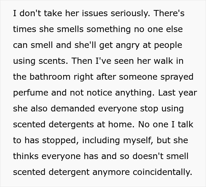 Text excerpt describing a coworker sensitive to smells who demands stopping use of scented detergents and washing hands. Text excerpt describing a coworker sensitive to smells who demands stopping use of scented detergents and washing hands.