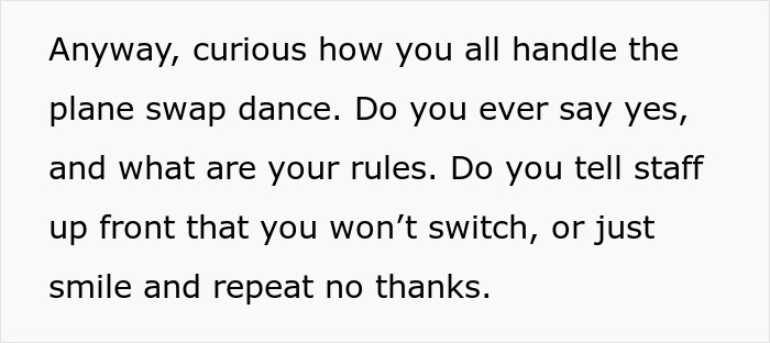 Text screenshot asking about handling plane seat swaps and rules on refusing or agreeing to switch seats.