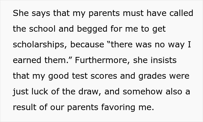 Text excerpt highlighting sibling rivalry as the golden child faces a reality check with college acceptance.