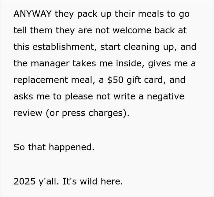 Text excerpt describing a manager resolving chaos after a dad steals a spicy chicken sandwich for his kid causing a mess.