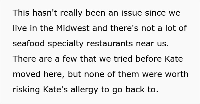 Text excerpt discussing dining challenges due to allergies and group dinner invitations in a Midwest setting.