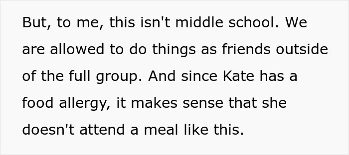 Text discussing a woman inviting only some members of a friend group for dinner due to a food allergy.