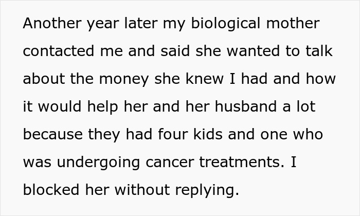 Text message describing a bio mom abandoning her 4YO son, later asking for financial support while he blocks her. Text message describing a bio mom abandoning her 4YO son, later asking for financial support while he blocks her.