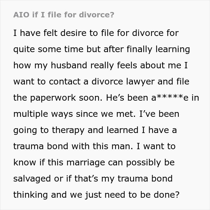 Text message from woman reconsidering marriage after husband's disturbing confession, seeking divorce advice.