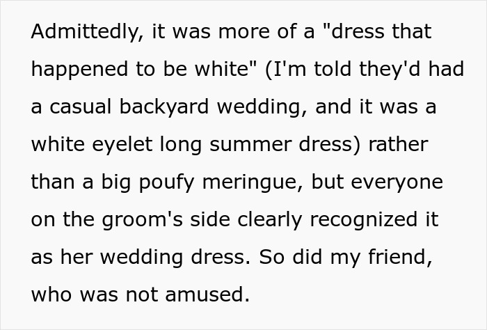 Guest wearing own wedding dress at a casual backyard wedding, causing surprise among the groom's side and friends.