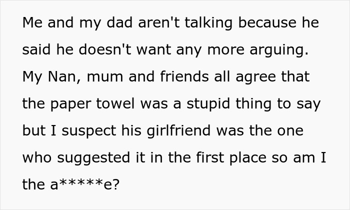 Text message discussing a clueless dad&rsquo;s idea about using paper towel to swim on period and family reactions.