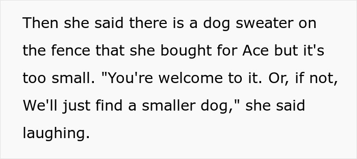 Text excerpt discussing a dog sweater bought for Ace and a plan involving finding a smaller dog.