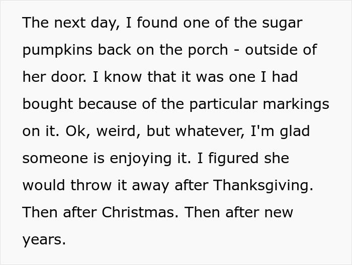 Text passage about finding a sugar pumpkin on a neighbor&rsquo;s porch, highlighting annoyance with rotting pumpkin situation.