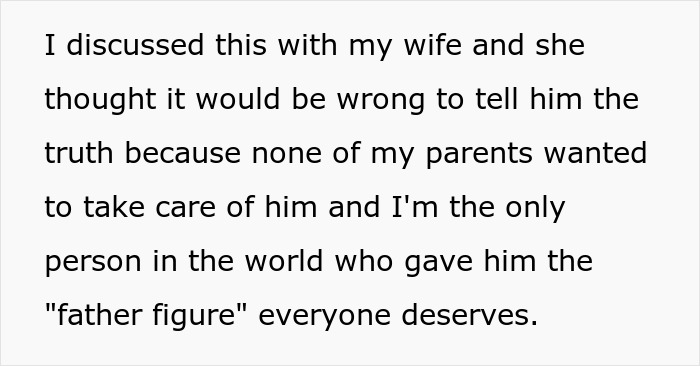 Man contemplates telling his son the harsh truth about not knowing his real parents and his role as a father figure.