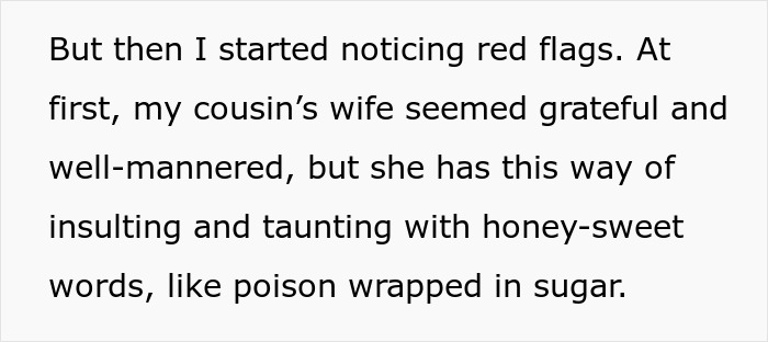 Text excerpt showing a woman observing her cousin&rsquo;s wife struggle after quitting free babysitting duties.