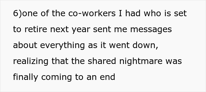 Text excerpt describing a co-worker&rsquo;s retirement and messages about a shared nightmare coming to an end.