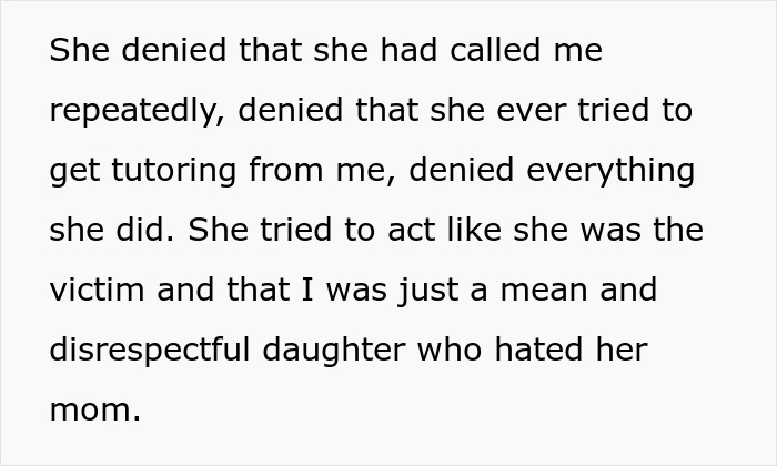 Text excerpt showing a daughter describing parents lied about food allergies and no contact situation.