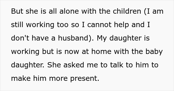 Text showing a mother concerned about her absentee husband wanting a third child, with the mistress turned wife struggling alone.