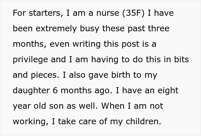 Text excerpt from a nurse explaining being busy while caring for an eight-year-old son and a newborn daughter.