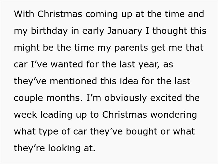 Text excerpt describing parents planning to gift a 17-year-old child a $25K car while older sibling receives a phone case.