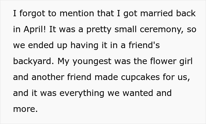 Text message about a small backyard wedding with the youngest as flower girl and a friend making cupcakes. Text message about a small backyard wedding with the youngest as flower girl and a friend making cupcakes.