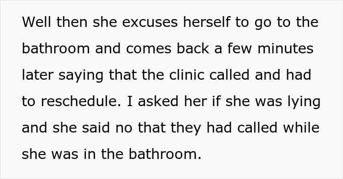 Text excerpt showing a conversation where a cheater tries to trap her ex with a baby lie but is confronted and called out.