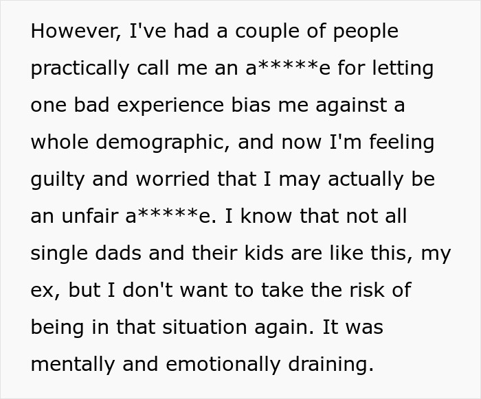 Text excerpt about feeling guilty for judging single dads, deciding not to date men with kids due to emotional strain.