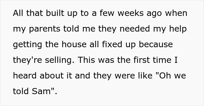 Text excerpt showing younger son upset as toxic parents favor golden child son for house help.