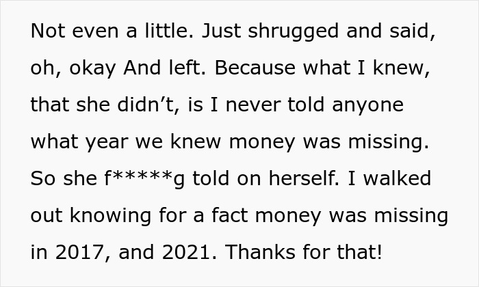 Text excerpt showing a grieving daughter discussing missing money and intent to drive step-monster to financial ruin.