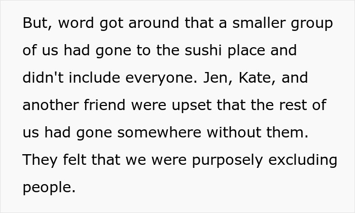 Text excerpt about a woman inviting only some members of a friend group for dinner, causing upset among others.