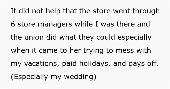 Text excerpt from a story about a woman&rsquo;s revenge involving a bakery manager targeting vacations and paid holidays.