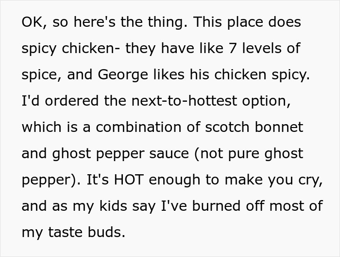 Text excerpt describing spicy chicken levels with mention of scotch bonnet and ghost pepper sauce for chicken spice.