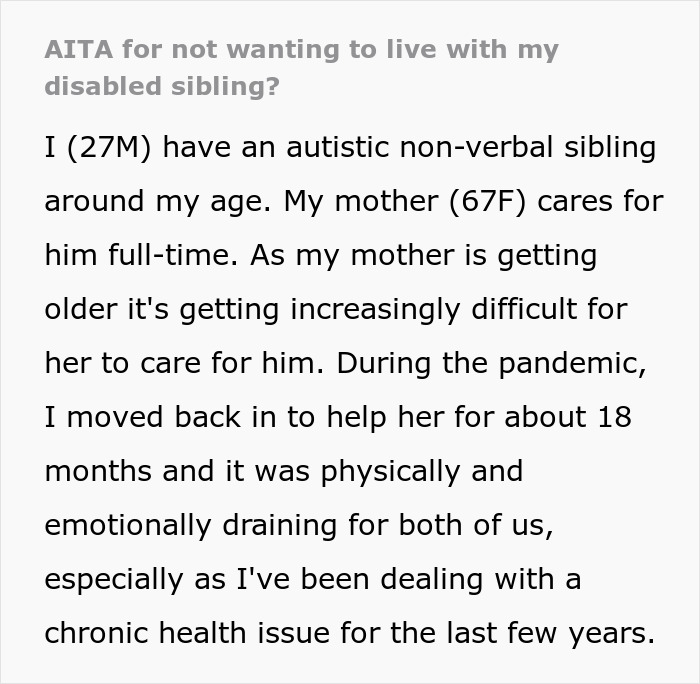 Screenshot of a personal story discussing refusing to live with a disabled sibling and the challenges faced during caregiving. Screenshot of a personal story discussing refusing to live with a disabled sibling and the challenges faced during caregiving.