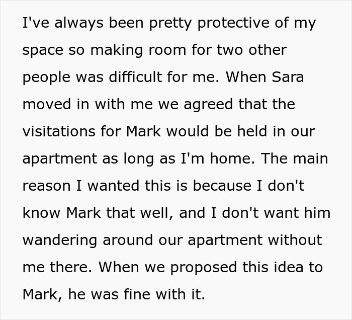 Text excerpt about a man setting visitation rules for his girlfriend&rsquo;s son to protect his living space and maintain control.