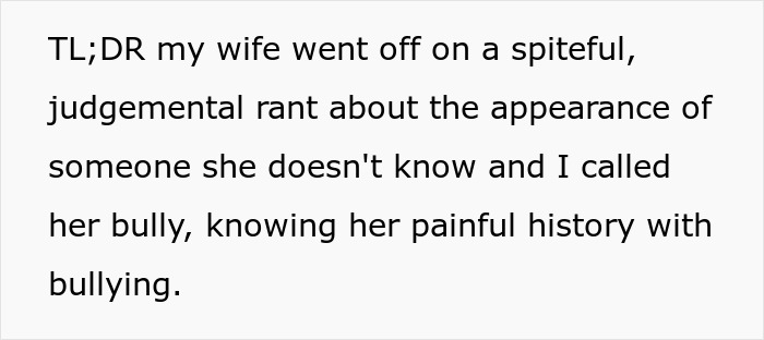 Text on screen explaining a husband calls wife a bully, triggering her due to her painful history with bullying.