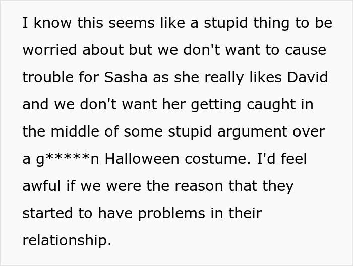 Text discussing concern over a Halloween costume causing discomfort and relationship problems due to fragile masculinity.