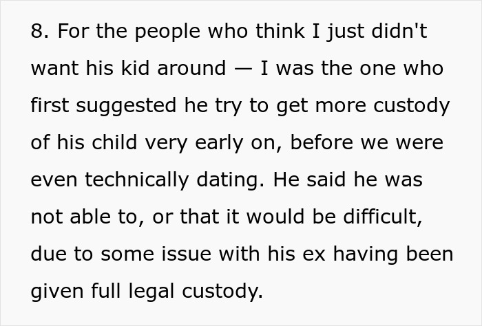Text excerpt about a lady discussing custody challenges and dating men with kids prioritizing their child over relationships.