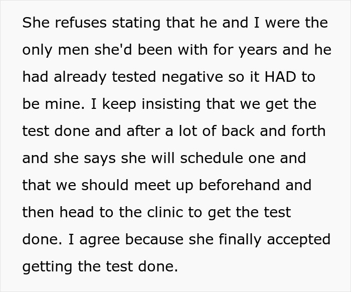 Text excerpt showing a man insisting on a paternity test amid a cheater&rsquo;s baby lie to trap her ex.