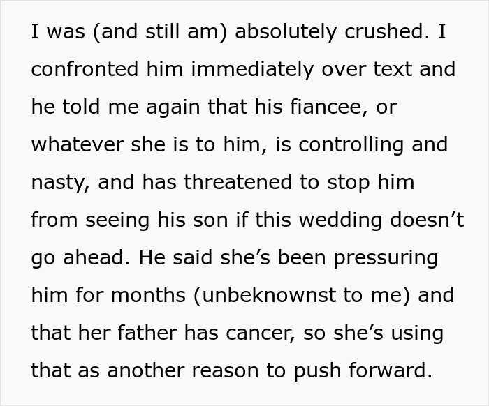 Text excerpt showing a woman learning the man she&rsquo;s been seeing for 10 months is getting married soon.