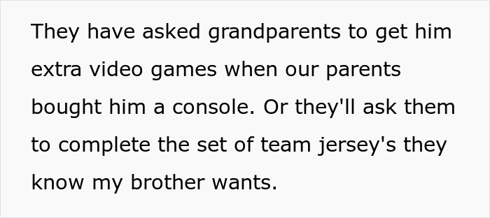 Text excerpt describing parents favoring the golden child son with gifts while younger son is reluctant to help around the house.