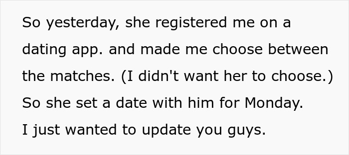 Text message discussing a stepmother’s control in a family relationship by choosing dating app matches. Text message discussing a stepmother’s control in a family relationship by choosing dating app matches.