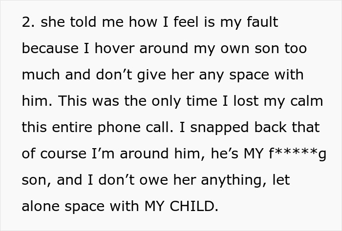 Text excerpt highlighting a new mom confronting her MIL over control and space with her child during a tense phone call.