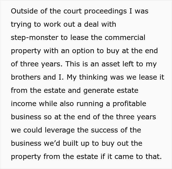 Discussion about leasing commercial property and financial plans involving a step-monster in a grieving daughter's estate dispute.