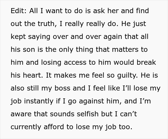 Text excerpt showing a woman expressing guilt and fear of losing her job while learning about a man&rsquo;s upcoming marriage.