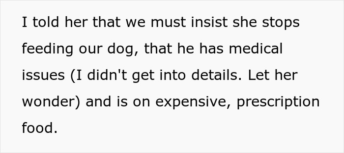 Text discussing issues with elderly lady feeding dog with medical and expensive prescription food, raising owner&rsquo;s concern.