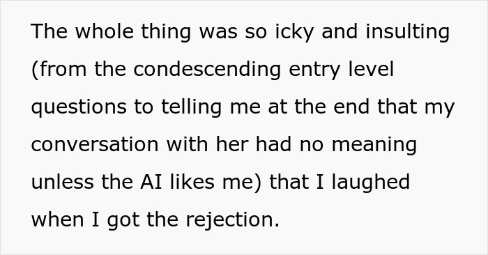 Text excerpt expressing frustration and rejection related to AI-scored job interview experience in real time. Text excerpt expressing frustration and rejection related to AI-scored job interview experience in real time.