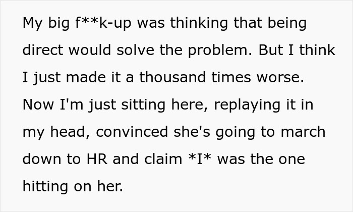 Text excerpt showing a man reflecting on shutting down a younger coworker’s flirt and fearing HR consequences. Text excerpt showing a man reflecting on shutting down a younger coworker’s flirt and fearing HR consequences.